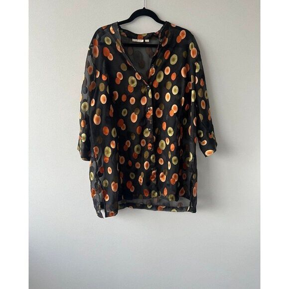 Erin London Women Plus Size 1X Stylish Black Sheer Button Down Tunic Blouse Top - Picture 1 of 11